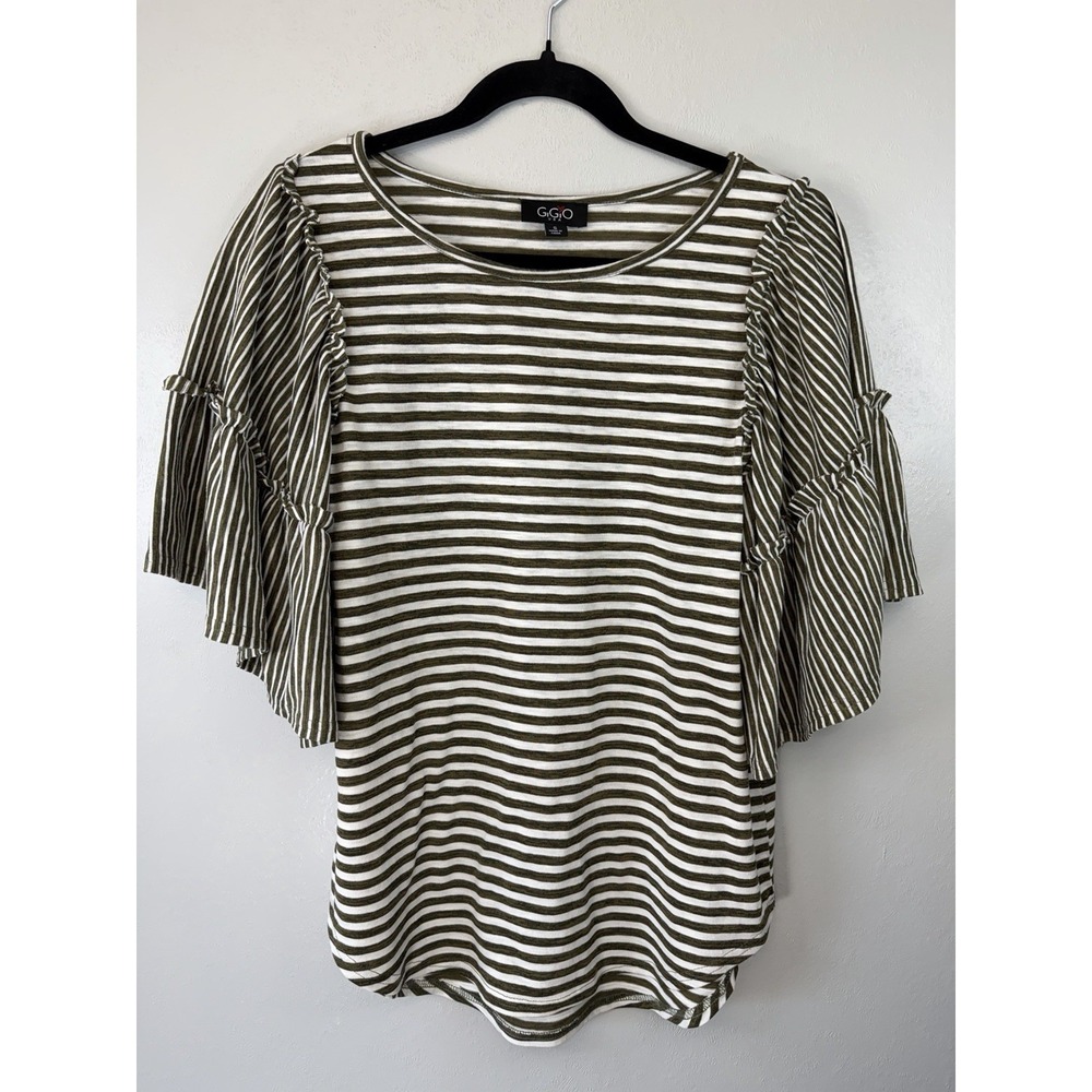 GiGiO Olive white Striped Pullover W Peplum Ruffled‎ Sleeves Size S
